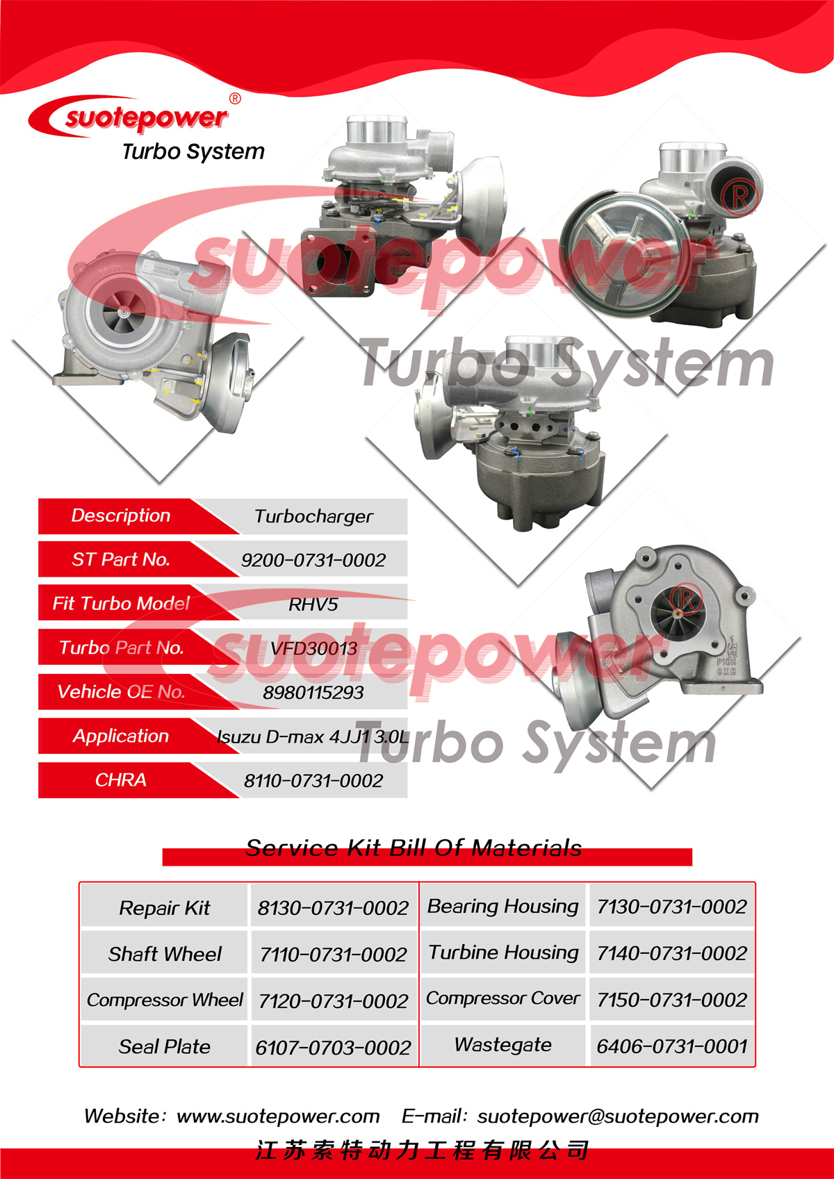 SP/NO : 9200-0731-0002 Replace：RHV5 VFD30013 8980115293 Isuzu D-max 4JJ1 3.0L